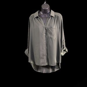 Pleione Crinkle Balloon Sleeve Casual Collared Blouse Cypress Size L